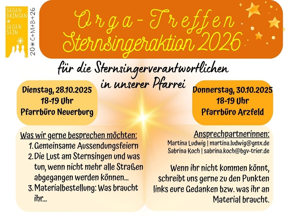 Auf dem Flyer sind alle Daten zum Orgatreffen der Sternsingeraktion 2026 notiert