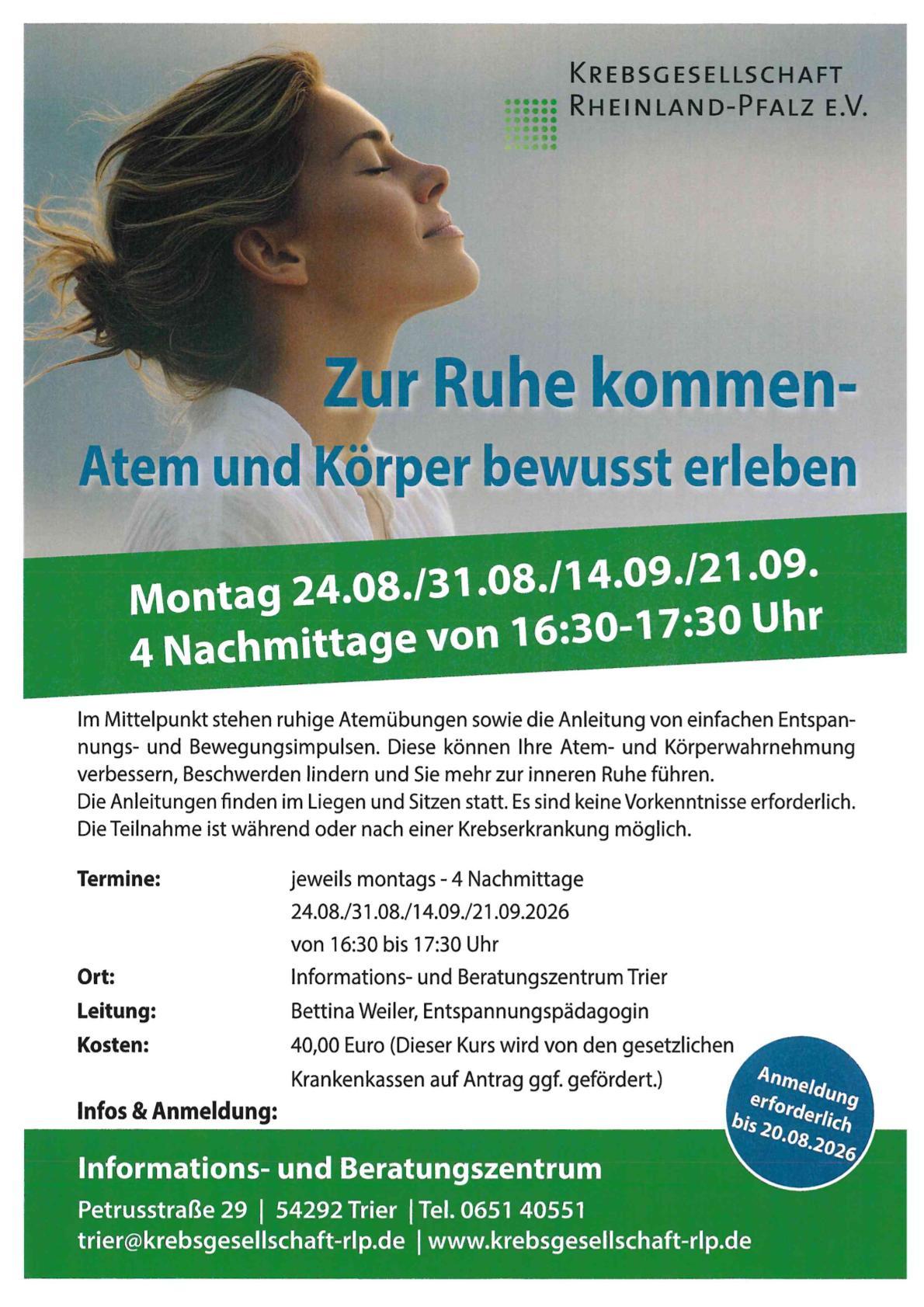 Flyer mit vier Terminen der Krebsgesellschaft Rheinland-Pfalz für Entspannungsnachmittage