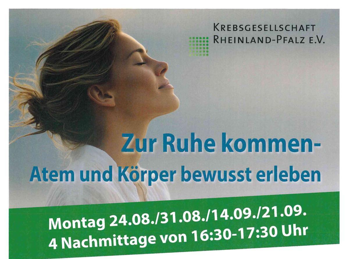 Flyer mit vier Terminen der Krebsgesellschaft Rheinland-Pfalz für Entspannungsnachmittage