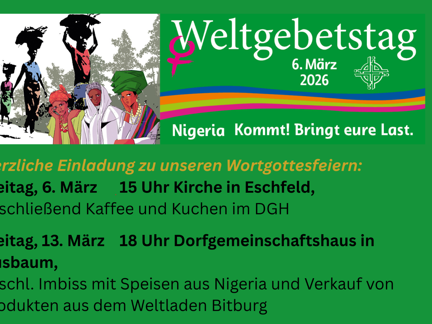 Informationen über den Weltgebetstag 2026 in Eschfeld und Nusbaum