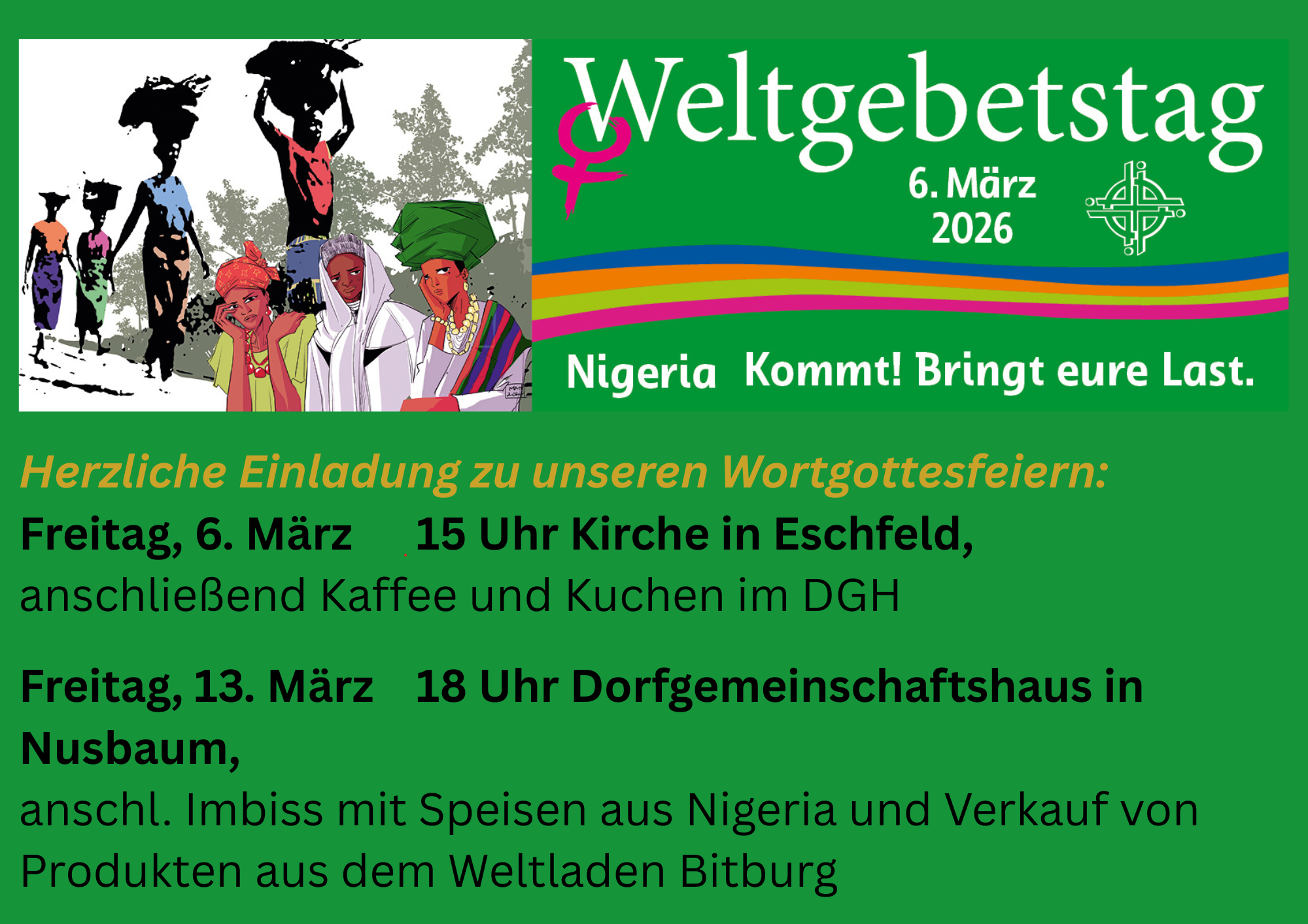 Informationen über den Weltgebetstag 2026 in Eschfeld und Nusbaum