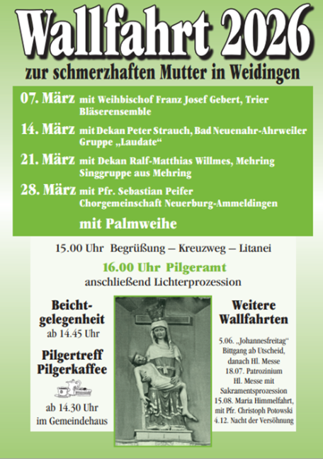 Auf dem Plakat stehen alle Informationen und Termine zur Wallfahrt in Weidingen