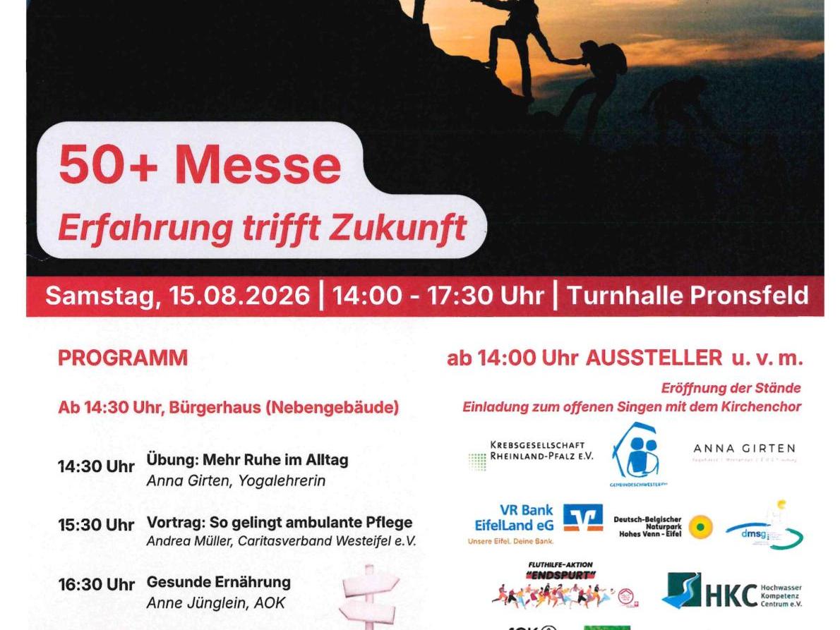 Flyer 50+ Messe mit Infos am 15. August von 14 bis 17.30 Uhr in der Turnhalle in Pronsfeld