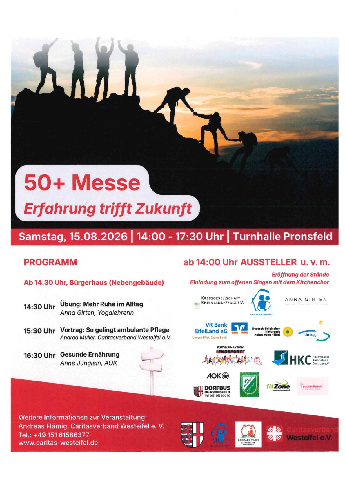 Flyer 50+ Messe mit Infos am 15. August von 14 bis 17.30 Uhr in der Turnhalle in Pronsfeld
