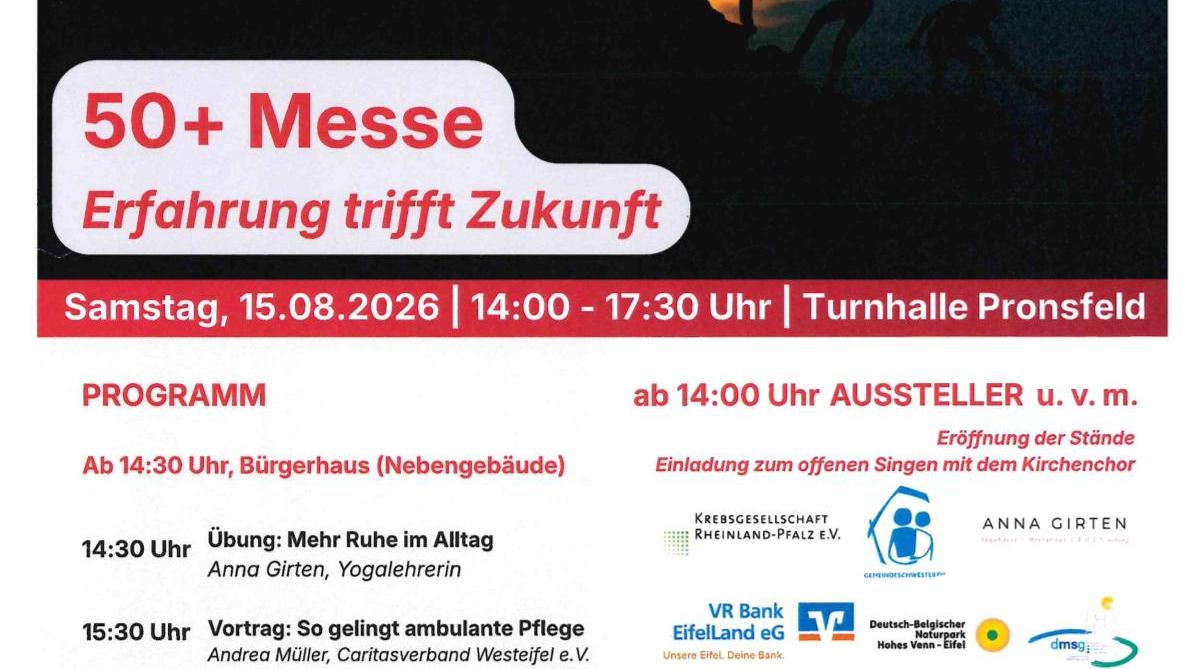 Flyer 50+ Messe mit Infos am 15. August von 14 bis 17.30 Uhr in der Turnhalle in Pronsfeld