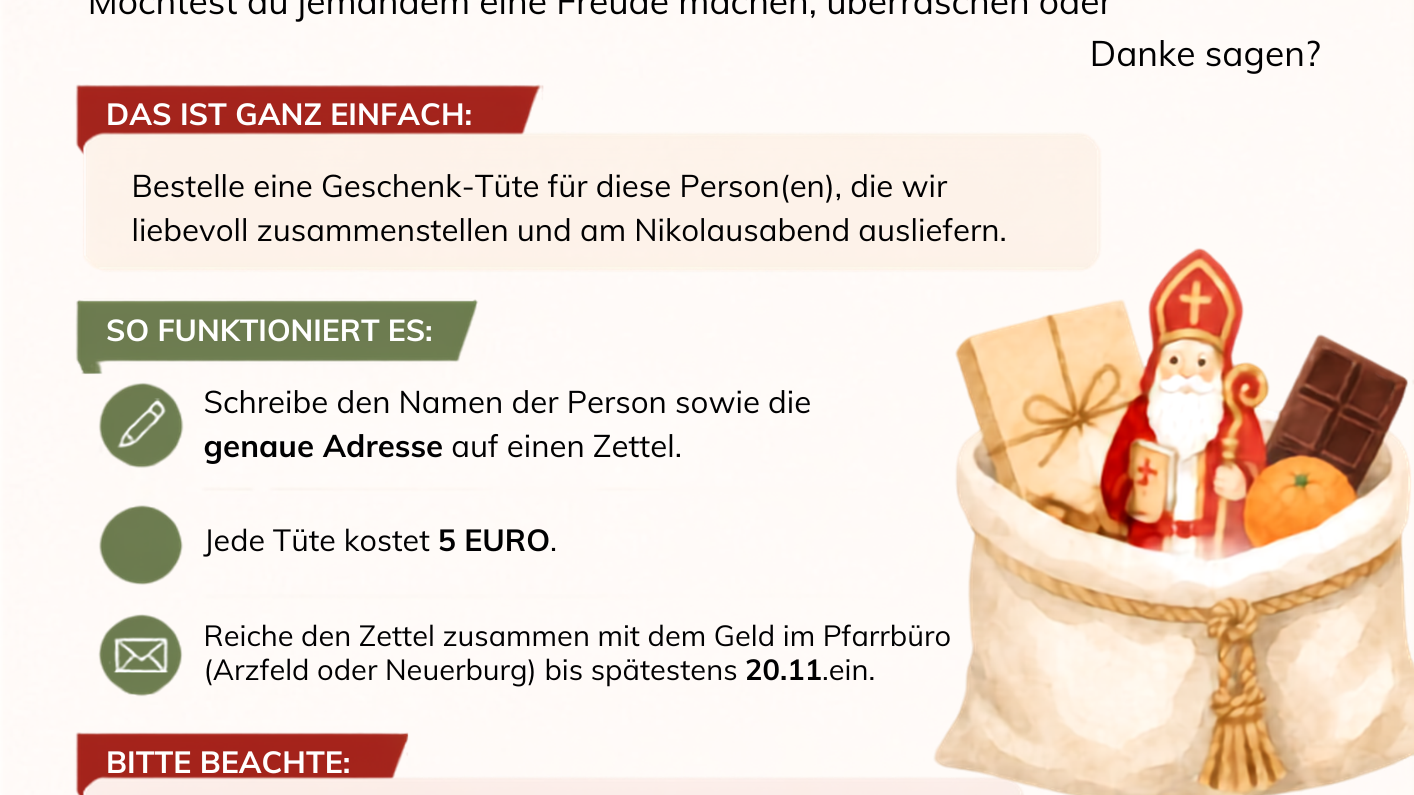 Der Flyer ist adventlich geschmückt mit Stiefel, Nikolaus und Süßigkeiten im Sack