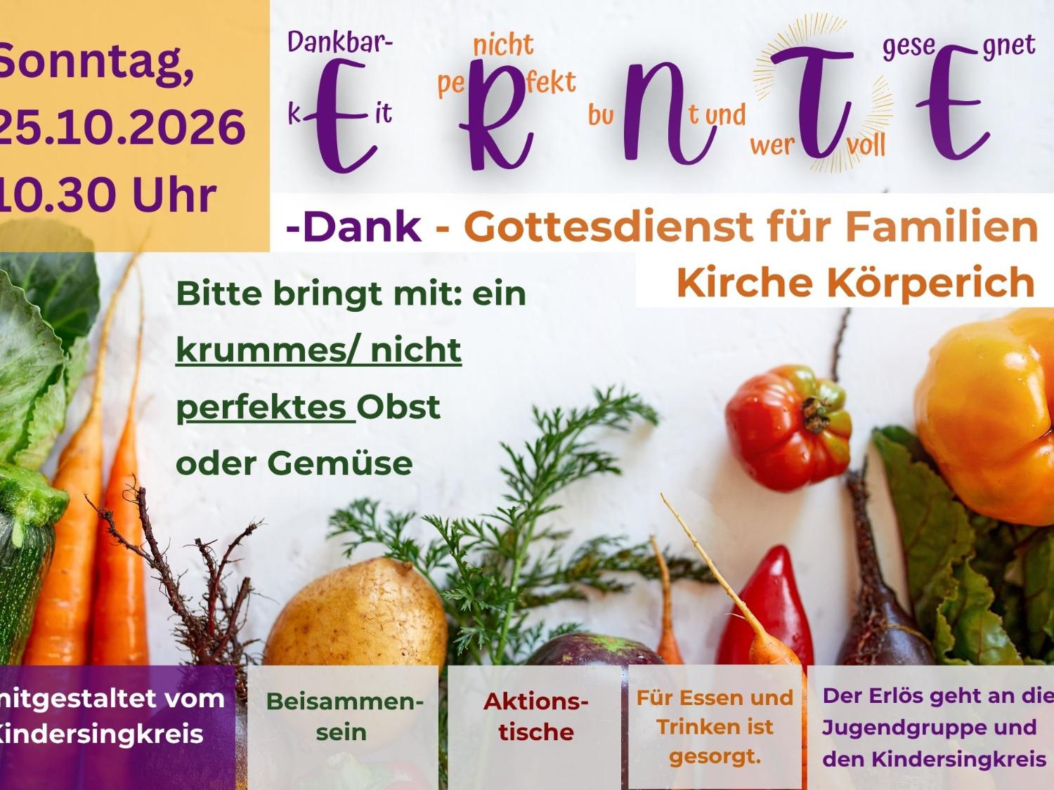 Flyer mit den Informationen zum Familienwortgottesdienst. Es ist diverses Gemüse und Obst abgebildet