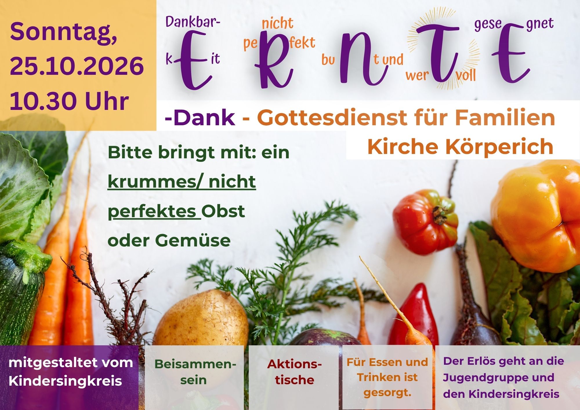 Flyer mit den Informationen zum Familienwortgottesdienst. Es ist diverses Gemüse und Obst abgebildet