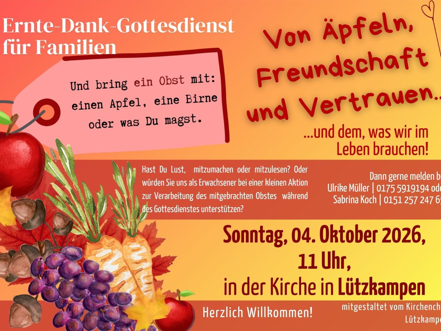 Flyer mit den Einzelheiten des Familiengottesdienstes in Lützkampen. Obst und Gemüse ist abgebildet