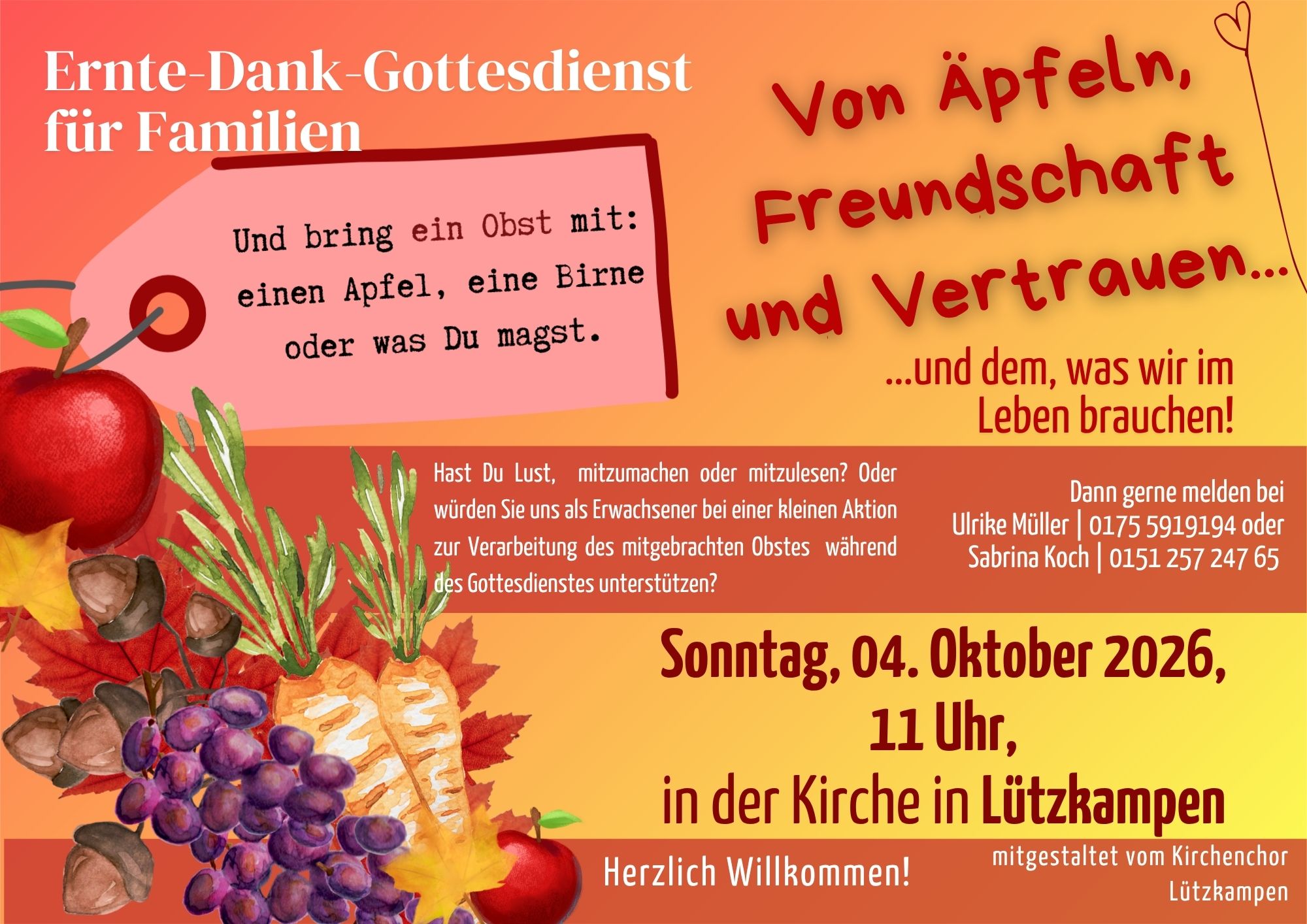 Flyer mit den Einzelheiten des Familiengottesdienstes in Lützkampen. Obst und Gemüse ist abgebildet