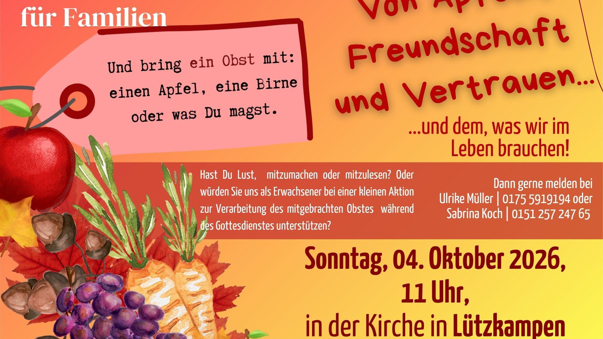 Flyer mit den Einzelheiten des Familiengottesdienstes in Lützkampen. Obst und Gemüse ist abgebildet